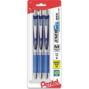 Pentel EnerGel RTX Retractable Liquid Gel Pen, (0.7mm) Metal Tip, Medium Line, Blue Ink 3 Pack