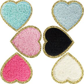 Heart Patches Glitter Chenille,6 PCS DIILLEU Heart Iron on Patches,Chic Embroidered Glitter Chenille Patch with Gold Sequin Border,Valentine's Day Patch for Jackets Clothing Backpack Hat Decoration