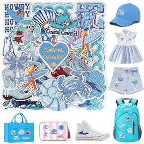 Coastal Cowgirl Iron On Patches, 24Pc Summer Ocean Theme Blue Embroidered Patches, Cute Repair Patch for Hat Jeans Bags Dress (Blue)