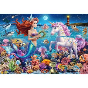 100 Piece Puzzles for Kids Ages 4-6-8, Mermaid and Unicorn Puzzles 100 Pieces for Kids, Underwater Scene Jigsaw Puzzle for Children Learning Educational Toys Gifts for Girls Boys