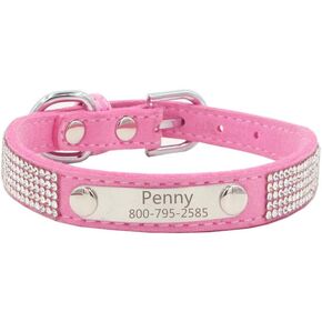 THAIN Rhinestones Personalized Dog Cat Collar Bling Diamond with Engraved Stainless Steel Nameplate for Small Medium Large Dogs (L, Pink)