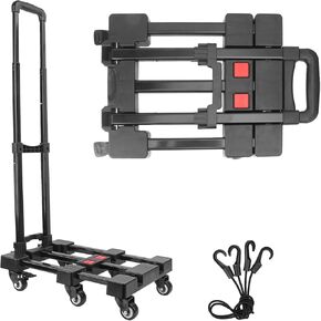 6-Wheel Black Folding Hand Truck, 440 lbs Heavy Duty Dolly, Collapsible Dolly Cart, Portable Platform Cart with 2 Elastic Ropes, Foldable Dolly Cart for Moving, Travel