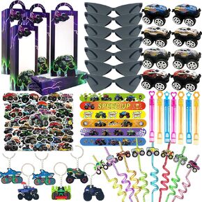 110PCS Monster Truck Party Favors Set, Monster Truck Birthday Decorations Including Slap Bracelets, Keychains, Gift Boxes, DIY Stickers, Car Toys, Sunglasses Truck Birthday Supplies