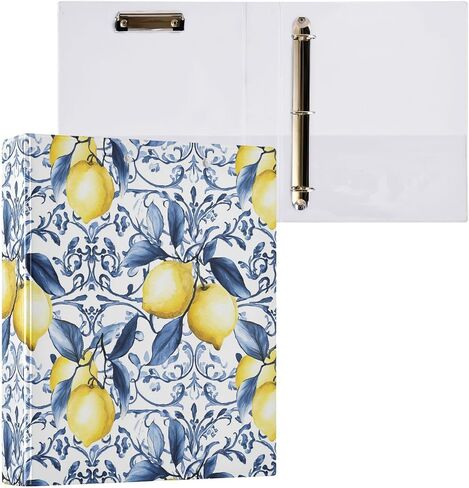 French Country Blue Tile Yellow Lemons 3 Ring Binder 1.5" Decorative D-Ring Binder with Clipboard&3 Clear Pockets, Holds 200 Sheets A4 Size Paper Waterproof Binders for School Home Office in Saudi Arabia