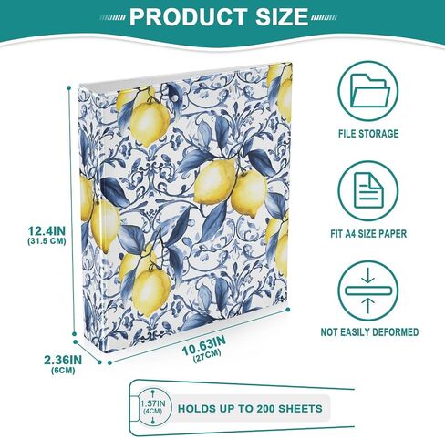 French Country Blue Tile Yellow Lemons 3 Ring Binder 1.5" Decorative D-Ring Binder with Clipboard&3 Clear Pockets, Holds 200 Sheets A4 Size Paper Waterproof Binders for School Home Office in Saudi Arabia