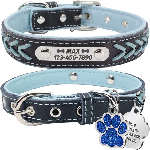 LINMAGCO Reflective Personalized Dog Collar with Bells Soft Leather Style Sturdy & Adjustable Collar with Engraved Nameplate for Small Medium Large Dogs,Blue in Saudi Arabia