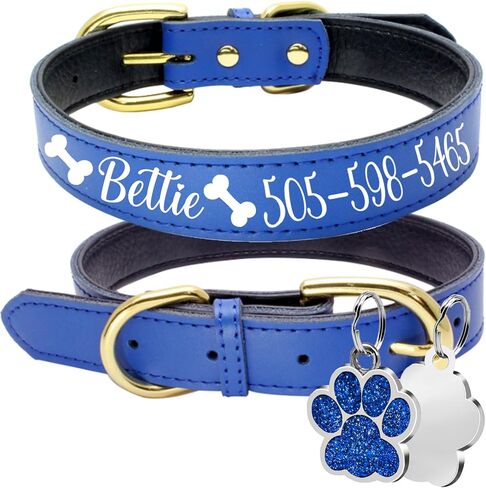 LINMAGCO Reflective Personalized Dog Collar with Bells Soft Leather Style Sturdy & Adjustable Collar with Engraved Nameplate for Small Medium Large Dogs,Blue in Saudi Arabia