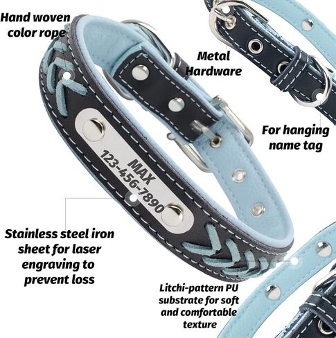 LINMAGCO Reflective Personalized Dog Collar with Bells Soft Leather Style Sturdy & Adjustable Collar with Engraved Nameplate for Small Medium Large Dogs,Blue in Saudi Arabia