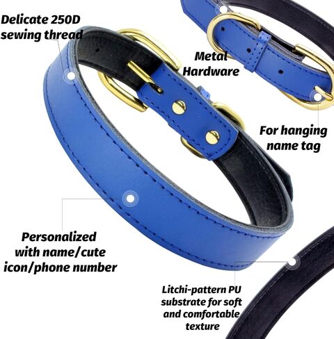 LINMAGCO Reflective Personalized Dog Collar with Bells Soft Leather Style Sturdy & Adjustable Collar with Engraved Nameplate for Small Medium Large Dogs,Blue in Saudi Arabia