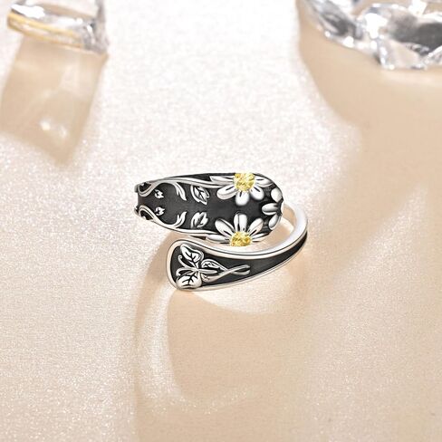 Louts Rings for Women Sterling Silver Spoon Rings Vintage Adjustable Antique Thumb Rings for Women Boho Flower Wide Opal Ring in Saudi Arabia