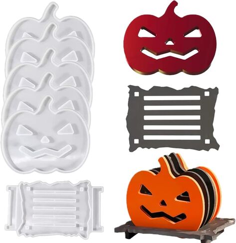6 Pcs Pumpkin Epoxy Coaster Resin Molds Silicone with Holder, Halloween Pumpkin Coaster Molds Holder Set for Epoxy Resin, DIY Art Craft Cup Mats in Saudi Arabia