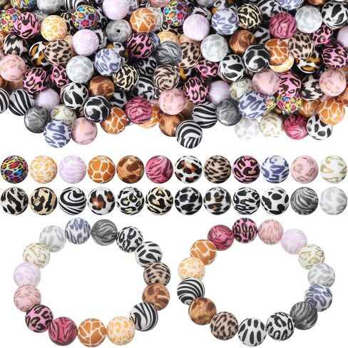 120 Pcs 15mm Silicone Beads Bulk Leopard Print Silicone Beads Leopard Print Rubber DIY Bracelet Making Kit for Keychain Making Pens Necklace Jewelry in Saudi Arabia