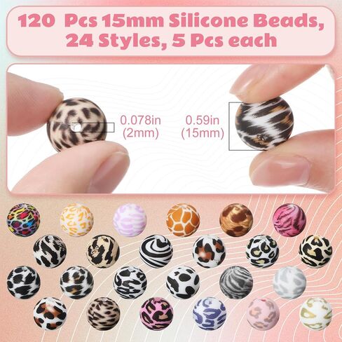 120 Pcs 15mm Silicone Beads Bulk Leopard Print Silicone Beads Leopard Print Rubber DIY Bracelet Making Kit for Keychain Making Pens Necklace Jewelry in Saudi Arabia