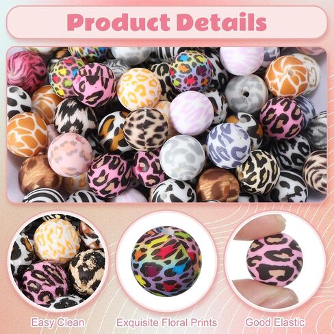 120 Pcs 15mm Silicone Beads Bulk Leopard Print Silicone Beads Leopard Print Rubber DIY Bracelet Making Kit for Keychain Making Pens Necklace Jewelry in Saudi Arabia