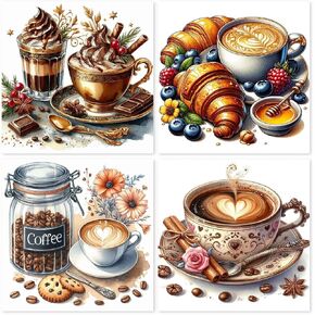 4Packs Coffee Diamond Art Kits for Adults,Vintage Coffee Diamond Painting Kits,DIY 5D Diamond Art Painting Kits,Gem Art Painting Kits for Home Wall Decor 13.8x13.8inch