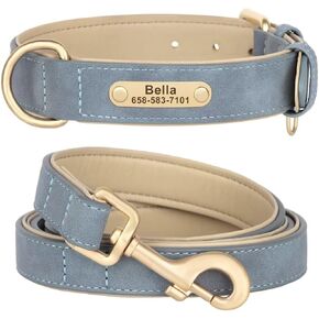 Personalized Leather Dog Collar and Leash Set with Name and Phone Number Plate, Soft Padded Adjustable Dog Collar with Metal Buckle, Blue S