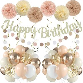 Champagne Gold Beige Birthday Decorations for Women, Nude Neutral Office Décor with Banner Confetti Balloons Hanging Swirls Pom Poms Suit for Girls Age 16 17 18 19 20 21 25 29 30 40 50