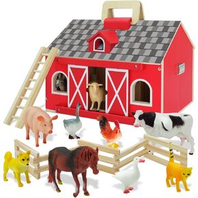 Farm Animal Toys with Portable Large Wooden Barn for Kids 3+ Years Old, 10 PCS Farm Animal Figures for Boys, Girls, Animal Lovers, Ideal Gift for Kids Toddlers, Improve Fine Motor Skills