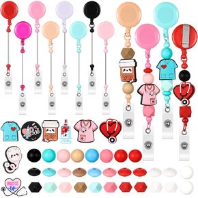 Geyoga 8 Set Beadable Badge Reels Nurse Back to School Gifts Retractable DIY Badge Reel Kit Beaded Blank Bars ID Name Holder Beadable Items Appreciation Gift First Day of School Supplies for Class