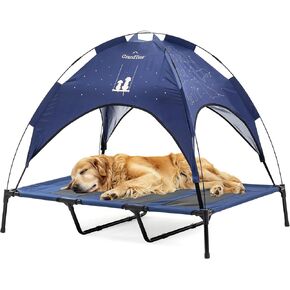 GrandTies Cooling Elevated Dog Bed with Canopy – XL Portable Pet Cot for Outdoor & Indoor Use – Waterproof Removable Shade, Breathable Mesh, Slip-Resistant Feet, Easy Assembly – Blue Berry