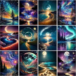 12 Packs 5D Large Diamond Art Kits for Adults Multiple Packs DIY Square Full Drill Diamond Painting Moon with Crystal Gem Art Painting Kits Set Beginners for Home Wall Decor 12 x 16 Inches