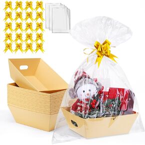 AFOROEOA 20PACK Baskets for Gifts Empty, 10x12"Thick Kraft Gift Basket with 20 Bows 20 Bags Empty Gift Baskets for Christmas, Valentine’s Day, Easter, Birthdays, Snacks, Farmers Market
