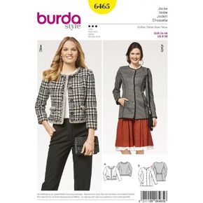 Burda Women's Collarless Jackets Sewing Pattern 6465, Size 8-20