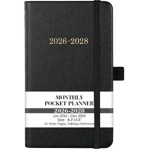 2026-2028 Pocket Planner - 3 Year Monthly Planner/Calendar 2026-2028, Jan 2026 - Dec 2028, 36 Months Planner, 6.3" x 3.8", 60 Note Pages, Pen Holder, Pocket, Holidays, Elastic Closure, Book Marks