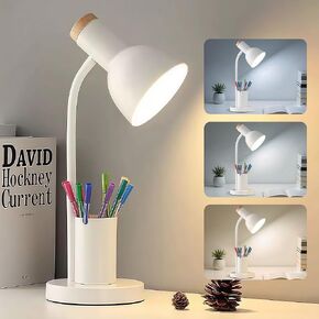 LED Desk Lamp with Pen Holder, Eye-Caring Desk Light 3 Color Modes Reading Light Flexible Gooseneck Metal Study Lamp, Cute Table Lamps for Home Office Bedside Dorm(White lamp)