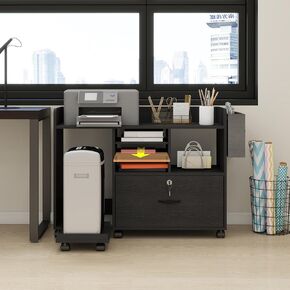 ARTETHYS Printer Stand with Storage and Rolling Paper Shredder Filing Cabinets for Home Office with Power Outlet Small Printer Table with Adjustable Shelves Fits A4 Letter, Legal Size Files,Black