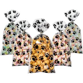 Dog Treat Bags, Plastic Paw Cellophane Goodie Candy Cookie Gift Bags with Ties, 5x11 Inches Pouches Clear Baby Shower Pet Puppy Birthday Party Decorations Favors Supplies Wrapping Stuffers