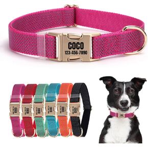 Nylon Personalized Pet Collar with Name, Customizable Laser-Engraved, Ultra-Reflective Dot Design, Durable Metal Buckle for Dogs and Cats - Matching Leash Available (Red)