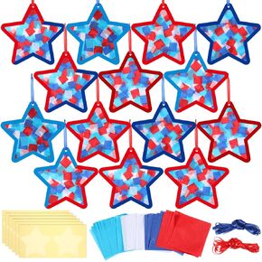 Tinlade 36 Sets 4th of July Paper Crafts Patriotic Suncatcher Red Blue Tissue Paper Craft Kit Make Your Own July 4th Star Hanging Ornaments for Independence Day Holiday DIY Activities Party Favors