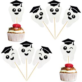 24 Pcs Congrats Dentist Graduation Cupcake Toppers, 2 Glitter Tooth Designs with Cap, Cute Smiling Tooth Picks for Dental School Graduation, Hygienist Party Supplies, and Clinic Celebration Decoration