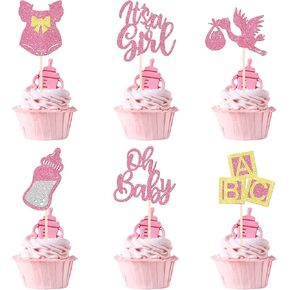 24 Pieces Oh Baby Cupcake Toppers, It's a Girl Cupcake Topper Glitter Baby Bottle、Bow Dress Cupcake Decorations for Gender Reveal Baby Shower Kids Girls Birthday Party Supplies
