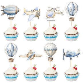 35PCS Airplane Cupcake Toppers Hot Air Balloon Helicopter Travel Themed Party Decorations Baby Shower Kids Boys Girls Birthday Party Cake Decorations Supplies
