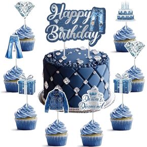 Denim and Diamonds Birthday Party Decoration, 25pcs Denim Theme Cupcake Happy Birthday Cake Topper Double-Sided Printing for Girl Woman 18th 21st 20th 30th Birthday Party Decoration