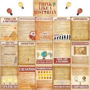 18 Pcs History Posters Classroom Decorations Vintage Thinking Poster Social Studies Bulletin Board Think Like A Historian Wall Art Prints for Middle School High School Office Home Classroom Supplies