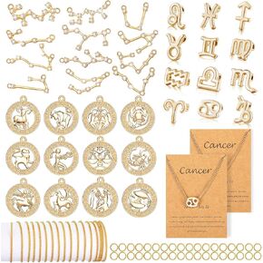 Hicarer 72 Pieces Zodiac Charms Set, Includes 36 Sign Letter Rhinestone Symbol Charm Pendant, 36 Zodiac Charm Necklace Display Cards with 6 Necklace Chains and 48 Split Rings for Jewelry Making