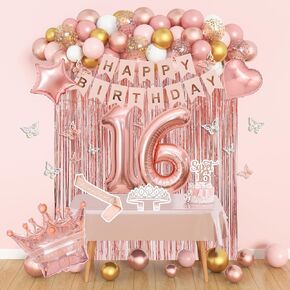 Amandir Sweet 16 Party Decorations, 16th Birthday Decorations for Girls Rose Gold Pink Foil Number Balloons Table Cloth Crown Sash Fringe Curtains Happy Birthday Banner Butterfly Party Supplies