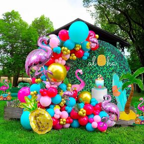 Blue pink purple Balloon Hawaii Garland Kit with Ohana theme backdrop and birthday banner plam tree mylar balloons for Summer aloha cartoon birthday party gender reveal Baby shower decorations