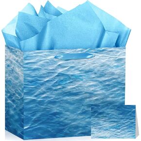 TagreSpike Ocean Waves Gift Bag with Tissue Paper and Card Blue Goodie Candy Bags Under the Sea Party Decorations Ocean Water Print Treat Party Favors for Beach Pool Summer Birthday Mermaid Supplies