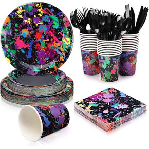 Baderke 252 Pcs Glow Party Supplies Neon Tableware Set Including 9 inches Paper Plates 6 Napkins Cups Knives Forks Spoons Graffiti Decoration for Birthday Decor, 36 Guests