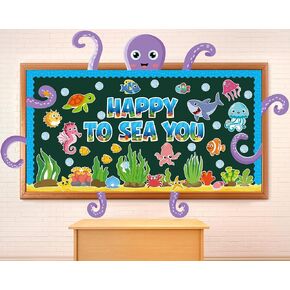 Ocean Bulletin Board Set Under the Sea Summer Classroom Bulletin Board Decoration Octopus Fish Animals Cutouts Ocean Wave Border Happy to Sea You Cutout for Education Craft Back to School Supply Decor