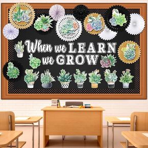 Qilery 66 Pcs Succulents Potted Bulletin Board Set Plant Bulletin Board Cutouts Black Dot Bulletin Board Border Paper Fans Classroom Decoration for Back to School Chalkboard Wall