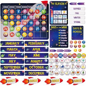 100Pcs Cartoon Space Calendar Bulletin Board Outer Space Classroom Decorations School Calendar for Classroom Supplies with Numbers Month Seasons Weather Festival Back to School Chalkboard Wall Decor