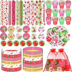 Tondiamo 122 Pcs Watermelon Party Favors Bulk with Melon Bouncy Balls Silicone Slap Bracelets Stickers Stampers Badges One in a Melon Gifts Bags for Summer Fruit Birthday Baby Shower Party Supplies