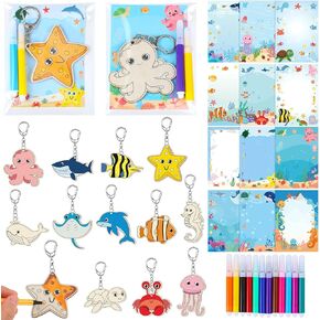 Trnayi 12 Sets Under The Sea Party Favors Sea Life Unfinished Wooden Keychains Gifts Coloring Ocean Animals Birthday Unfinished Wooden Painting DIY Crafts for Birthday Goodie Bags Prizes