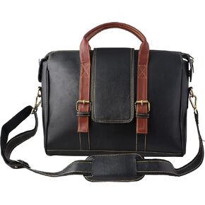 Mysa Black Vegan Leather Slim Vintage Messenger Crossbody Satchel Shoulder Briefcase Sleeve Bags with Adjustable Strap for Office Work Travel Fits 14" Computer Laptop Tablet for Men Women