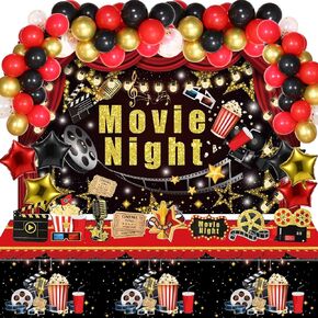 Buryeah 99 Pcs Movie Night Party Decorations Kit Film Supplies Include Cinema Themed Backdrop, Table Cover, Cutouts and Colorful Balloons for Birthdays Movie Theater Party Decorations Film Backdrop